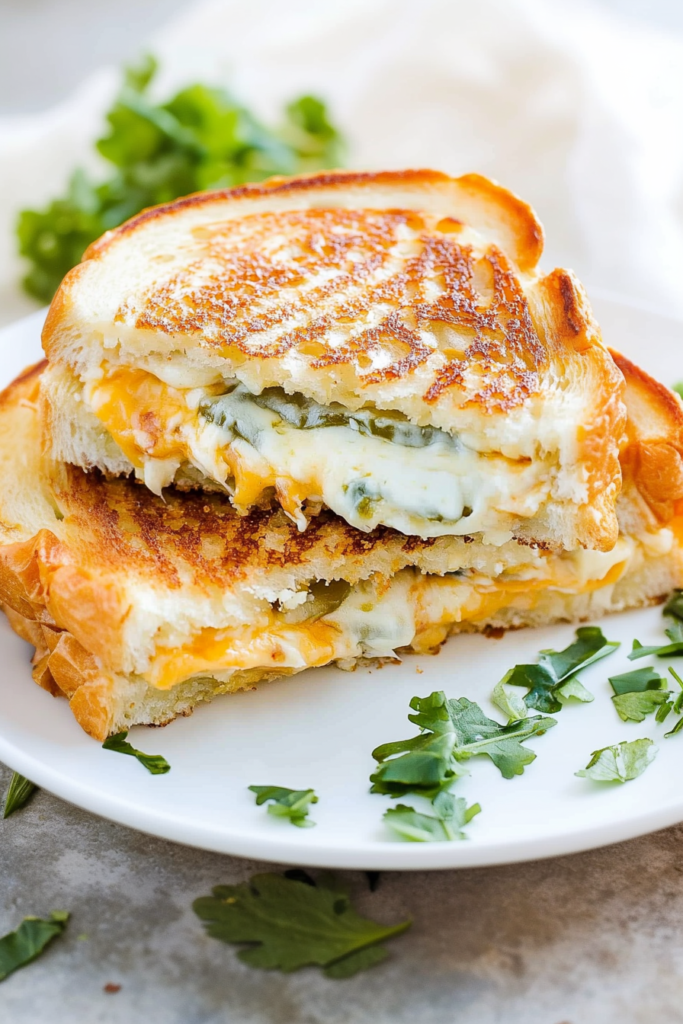 Final plated shot of the Cheesy Jalapeno Popper Grilled Cheese, with herbs sprinkled on top.