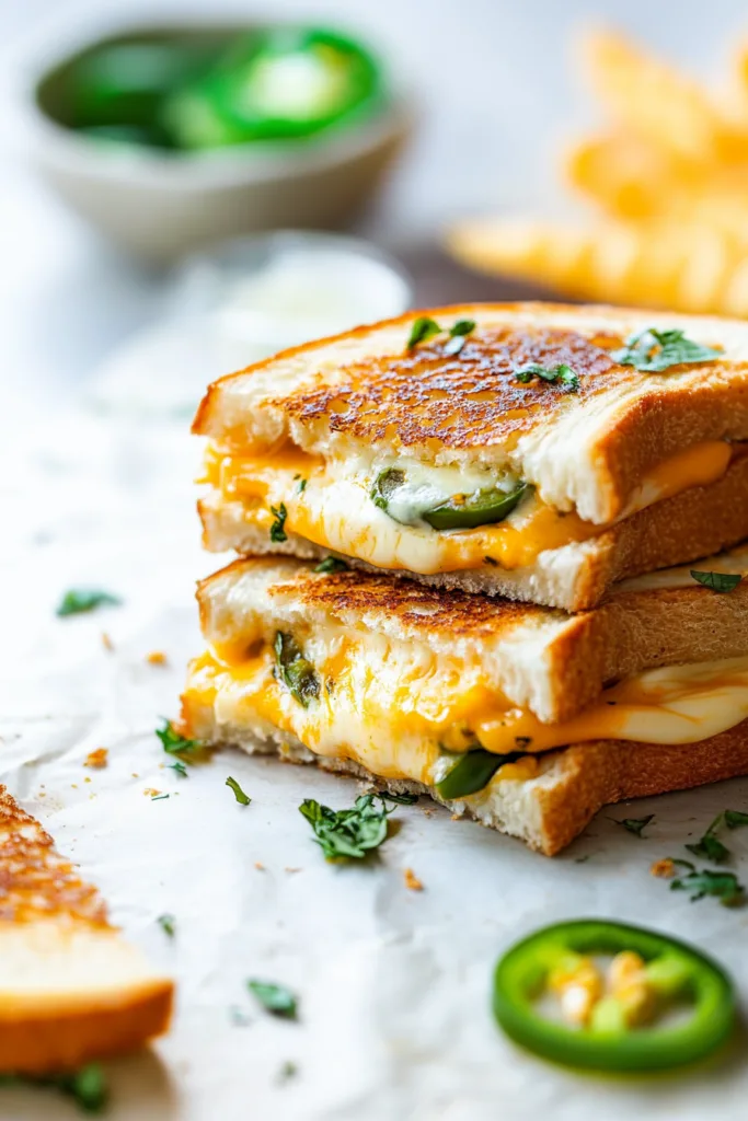 Rustic presentation of a jalapeño-studded grilled cheese, with crunchy toast and oozing cheese.