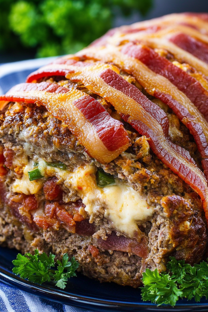 Close-up of juicy bacon-topped meatloaf showing a cheesy filling.