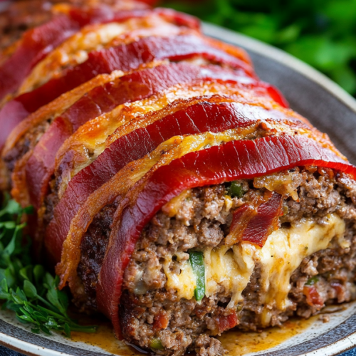 Bacon-wrapped meatloaf served with fresh herbs and a rich, savory interior.
