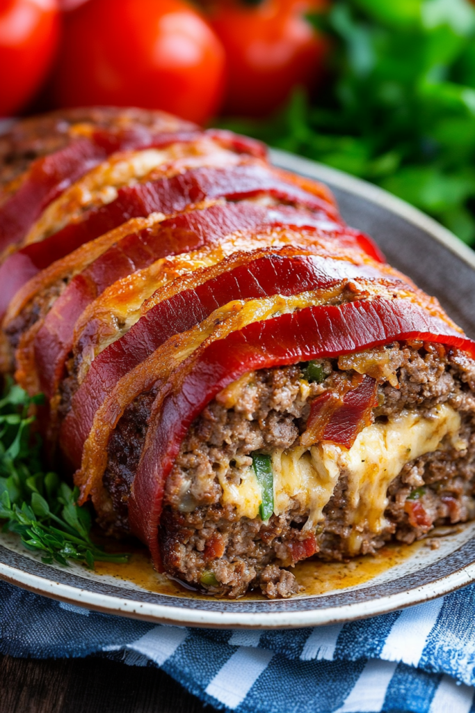 Bacon-wrapped meatloaf served with fresh herbs and a rich, savory interior.