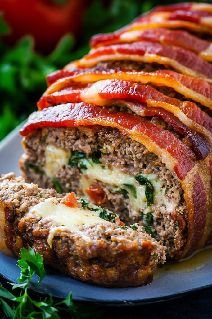 Meatloaf cut open to reveal a creamy cheesy center with bits of peppers and greens.