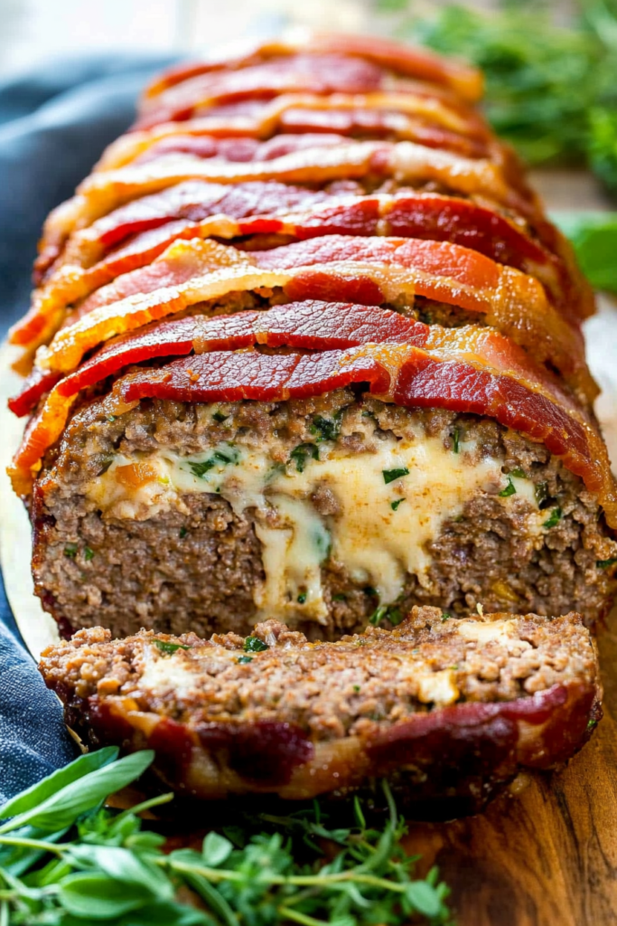 A thick slice of meatloaf on a plate with melted cheese and herbs visible.