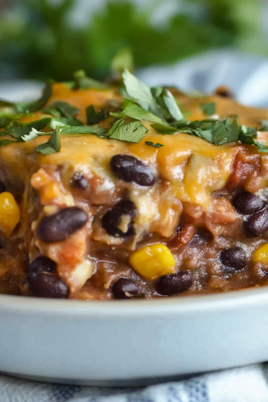 Hearty southwestern-style casserole with black beans and golden cheese topping