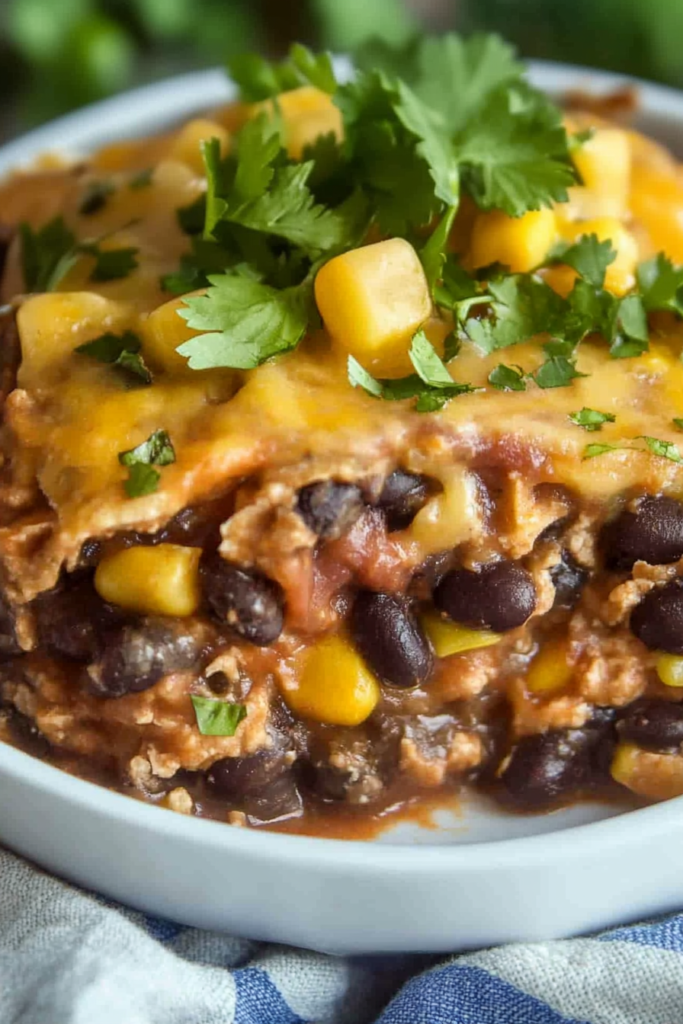 Close-up of a cheesy bean and corn bake with a rich tomato sauce