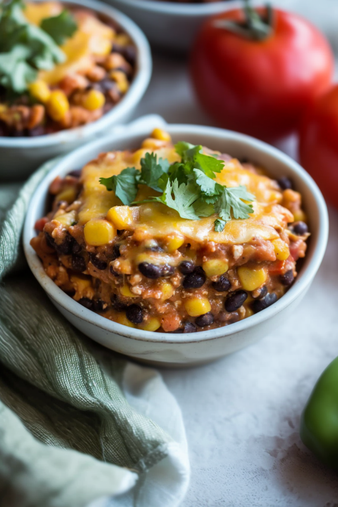 Baked black bean casserole topped with melted cheese, corn, and fresh cilantro