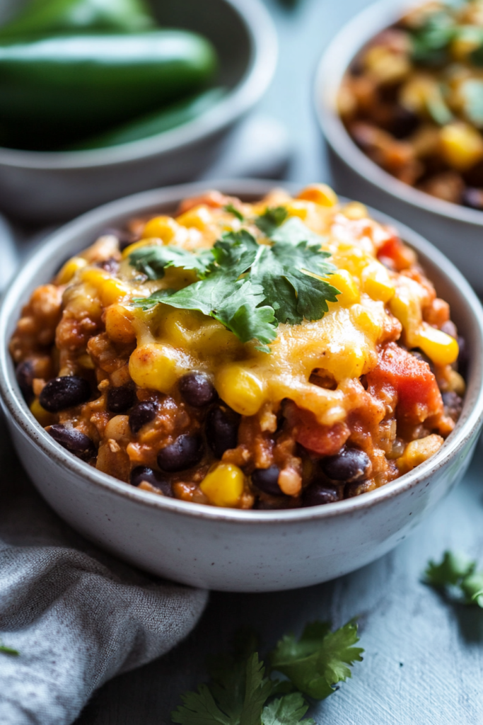 Cheesy southwestern black bean bake served hot in a white dish
