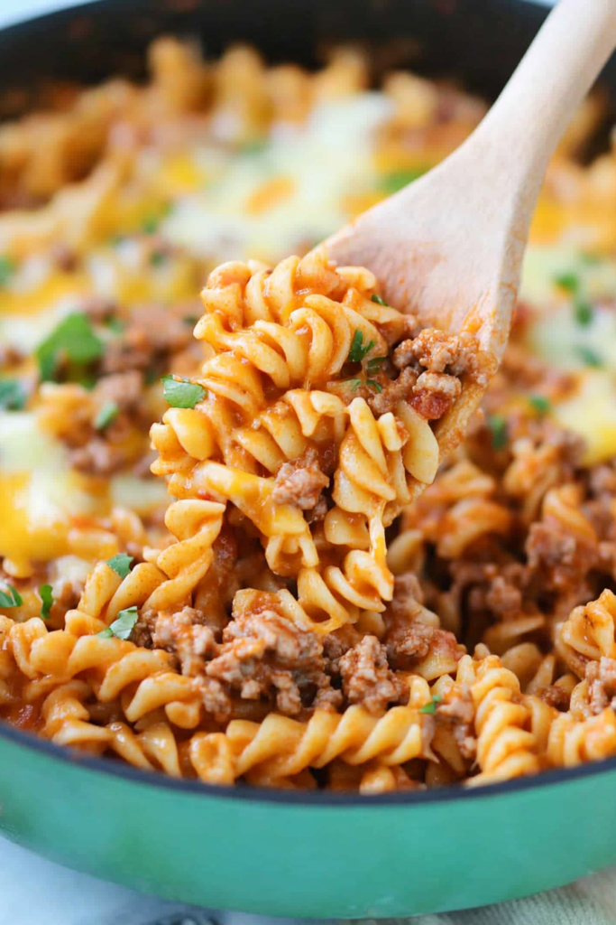Cheesy pasta skillet meal with tender noodles and flavorful sauce