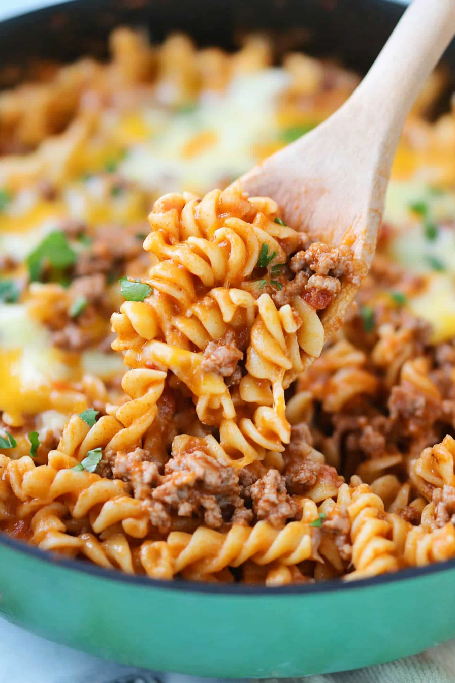 Cheesy pasta skillet meal with tender noodles and flavorful sauce