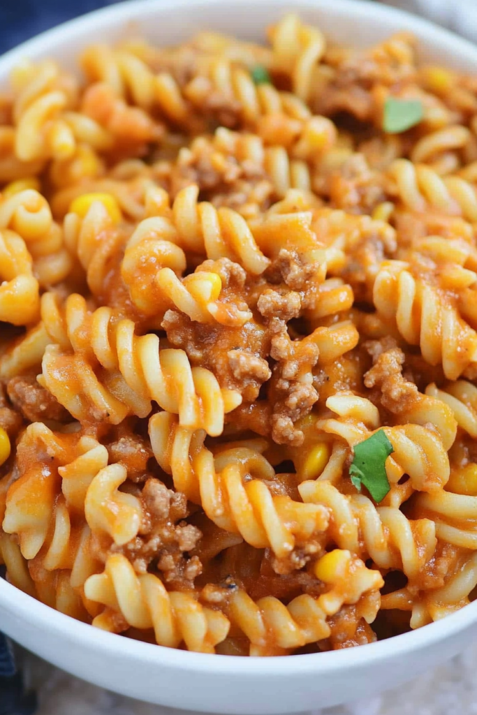 Close-up of cheesy beef pasta coated in a rich, savory sauce
