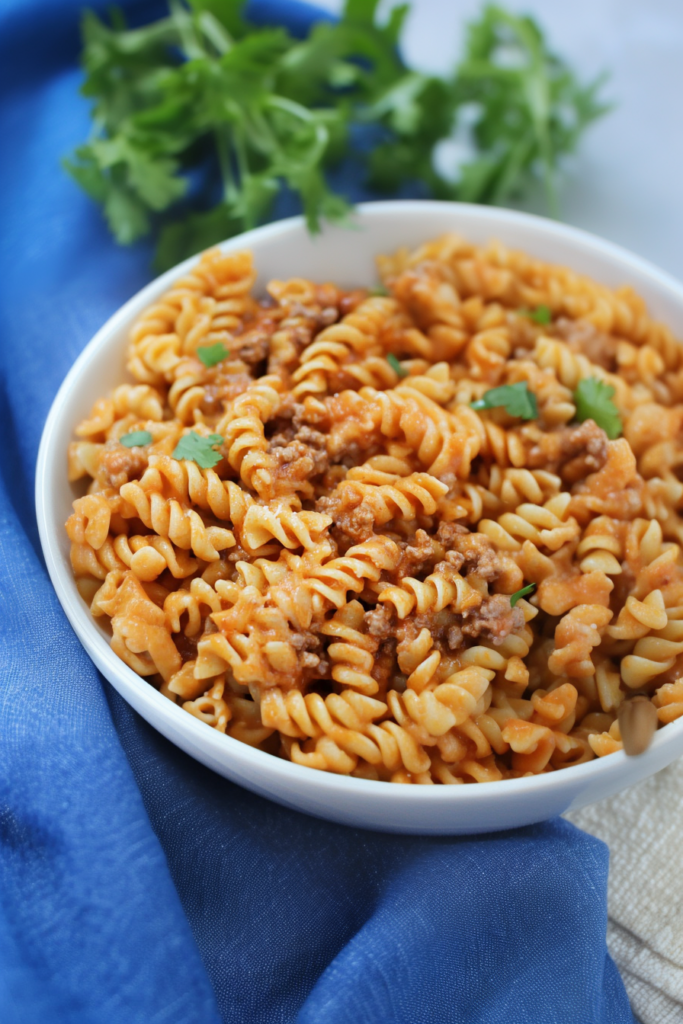 Comfort-style pasta with beef and cheese, ready to serve