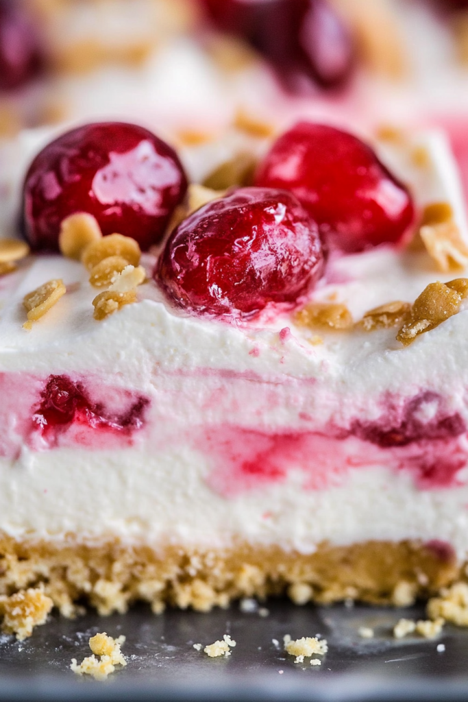 Close-up of layered dessert slice with crumbly crust, creamy filling, and vibrant cherry topping