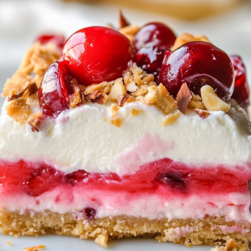 A chilled dessert bar with layers of whipped cream, cherry topping, and graham crust on a white plate.
