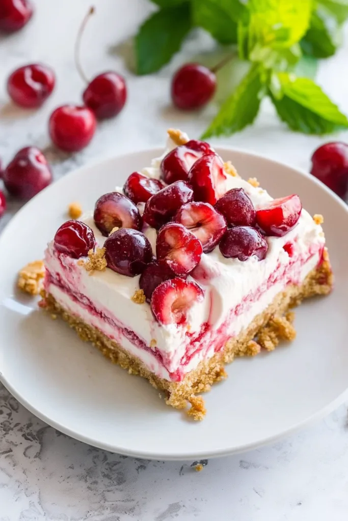 Final presentation of Cherry Cheesecake Lush with stacked layers and garnished cherries