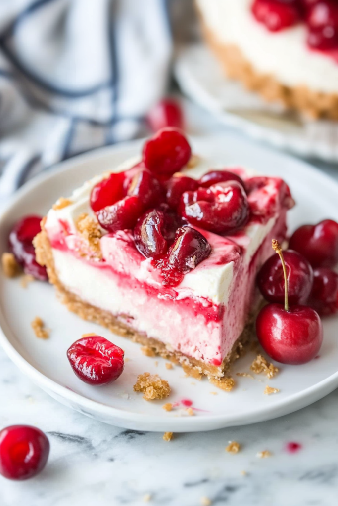 Plated serving of cherry cream dessert showing distinct layers of crust, filling, and fruit