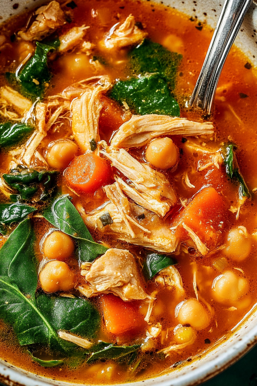 Close-up of warm, comforting soup featuring tender chicken pieces and fresh vegetables.