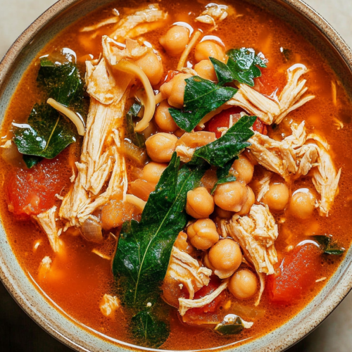 Rustic soup served in a deep bowl, showing leafy greens and golden broth.