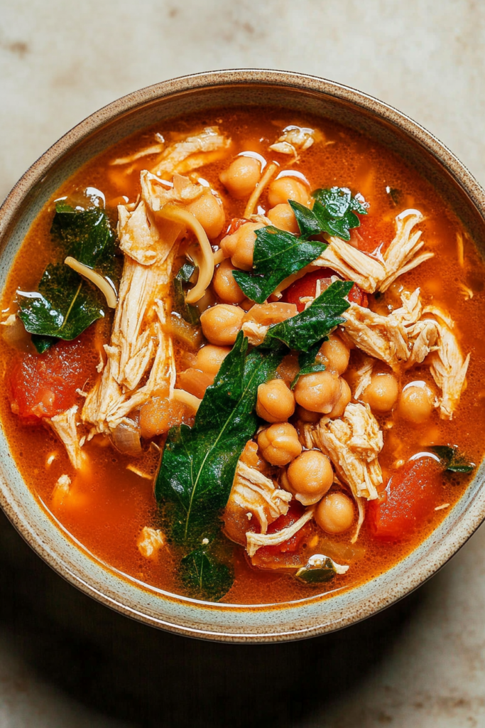 Rustic soup served in a deep bowl, showing leafy greens and golden broth.