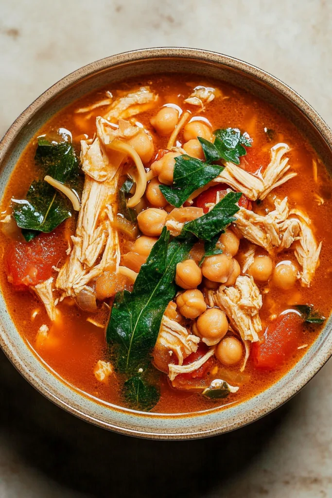 Rustic soup served in a deep bowl, showing leafy greens and golden broth.