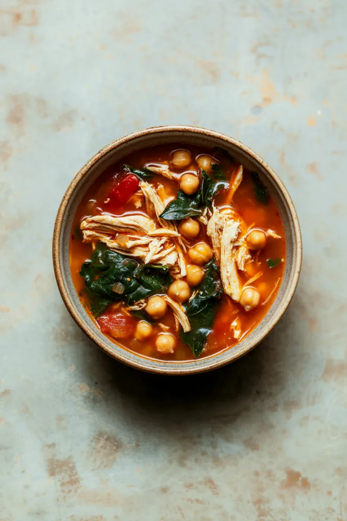 Nutritious soup with pasta noodles, tomato chunks, and protein-rich chickpeas.