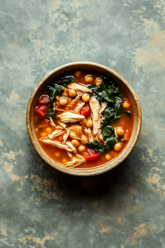 Steaming bowl of savory broth filled with chicken, vegetables, and herbs.