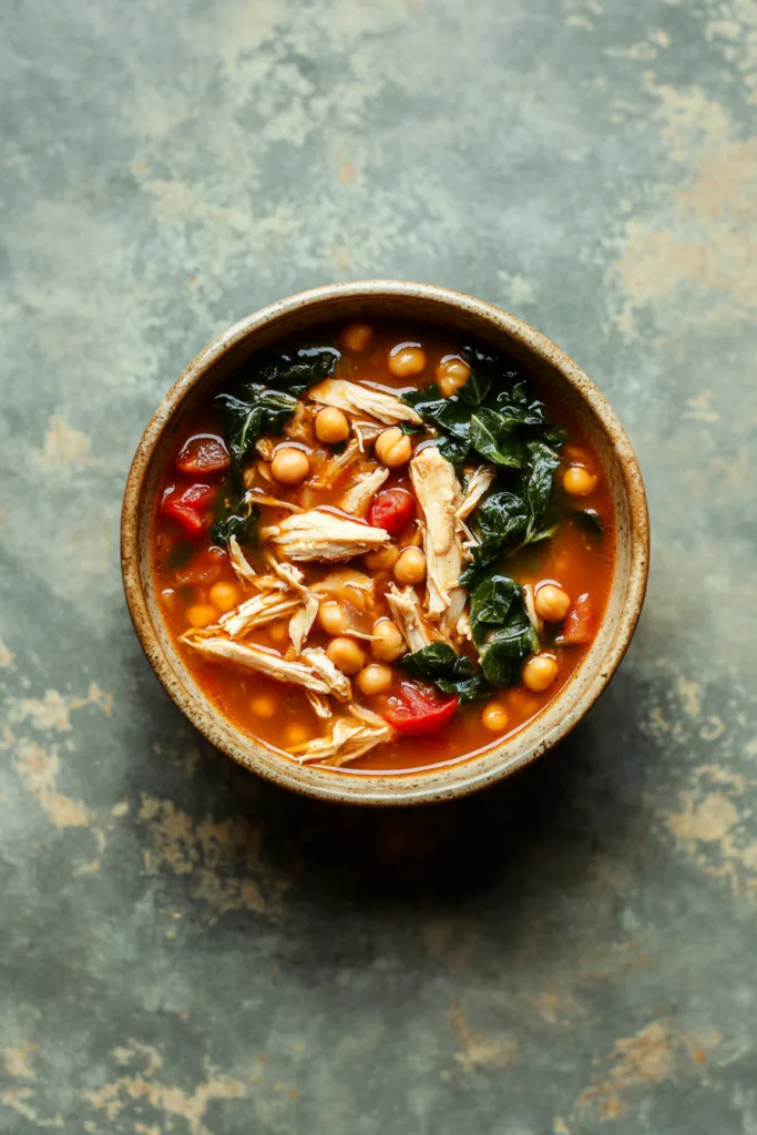 Steaming bowl of savory broth filled with chicken, vegetables, and herbs.