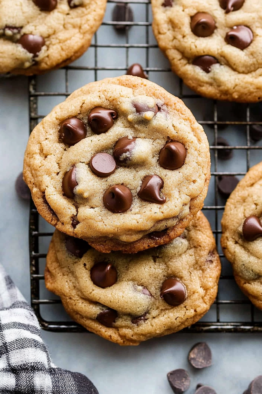 Freshly baked treats with crisp edges and melty chocolate chips, arranged casually for serving.