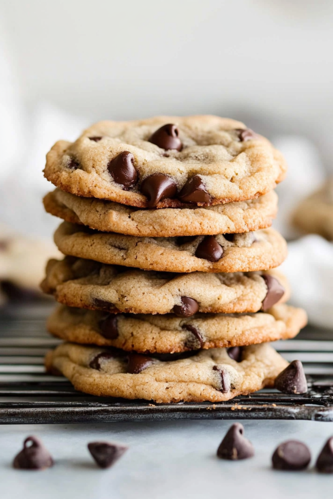 Pile of warm cookies with slightly cracked tops and glossy chocolate pieces throughout.