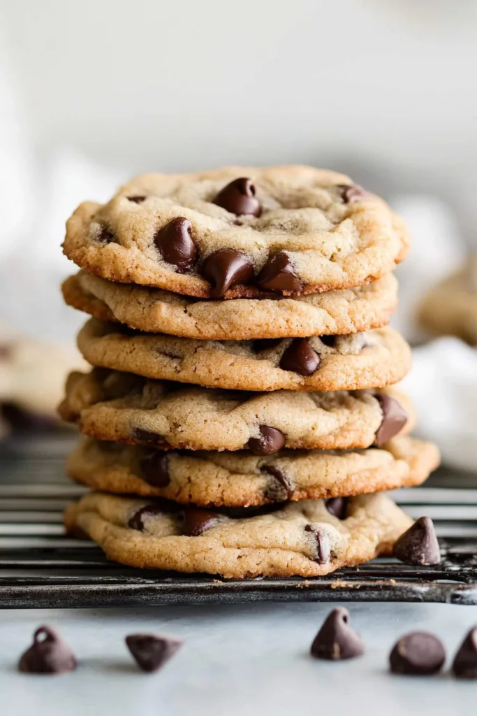 Pile of warm cookies with slightly cracked tops and glossy chocolate pieces throughout.