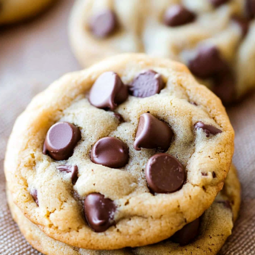 Close-up of freshly baked cookies stacked on parchment, showing soft centers and studded chips.
