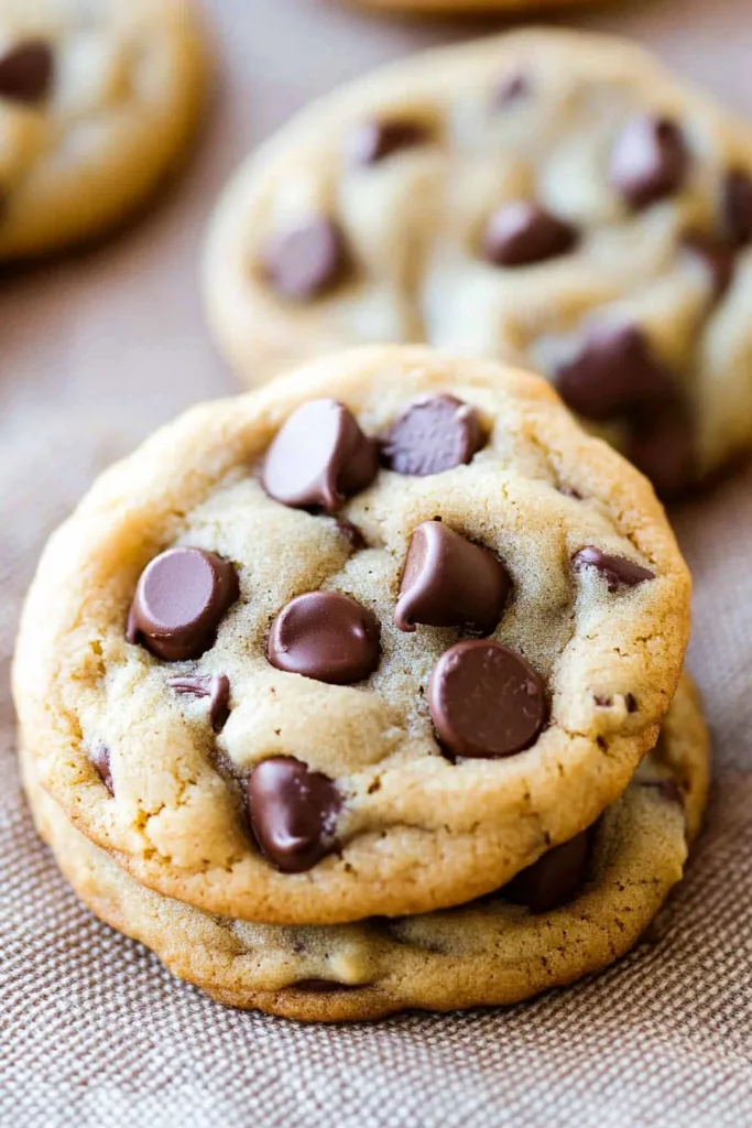 Close-up of freshly baked cookies stacked on parchment, showing soft centers and studded chips.