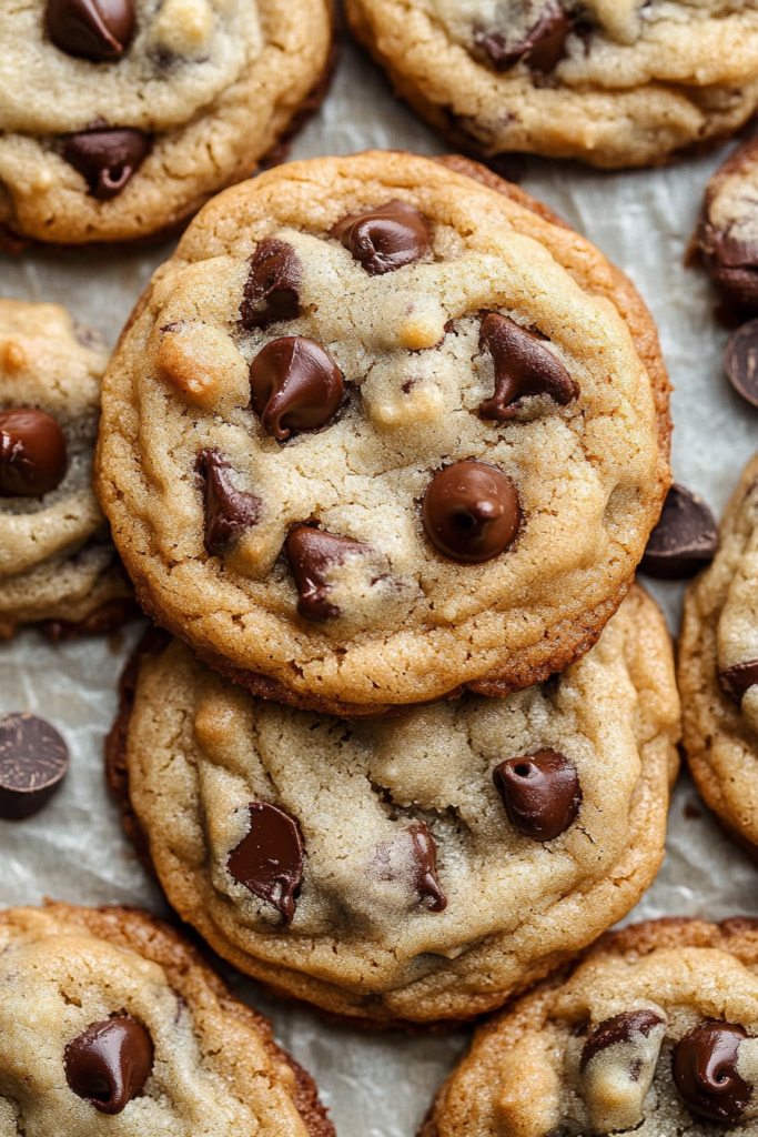 Cookies overlapping on a baking sheet, highlighting their chewy texture and rich chocolate bits.