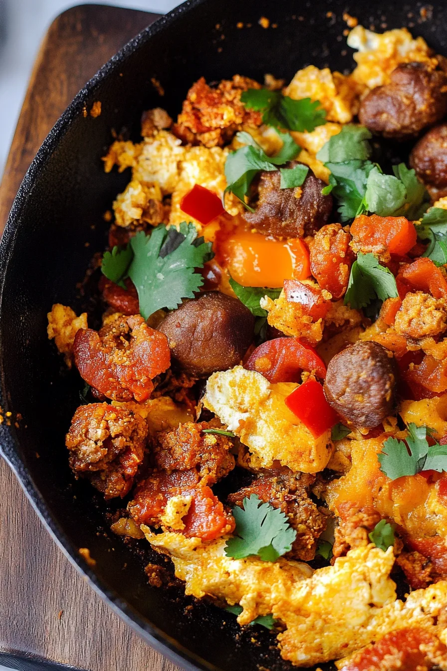 Close-up of a hearty breakfast skillet topped with chopped cilantro and tomatoes.