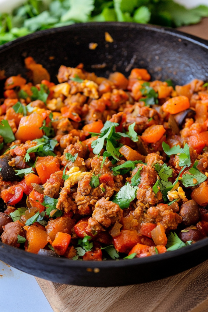 Rustic egg and sausage dish cooked in a cast-iron pan with fresh garnishes