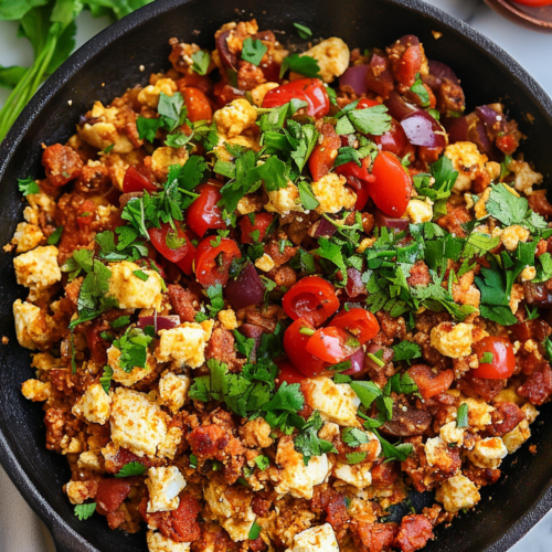 Savory breakfast skillet featuring scrambled eggs, browned sausage, and red onions