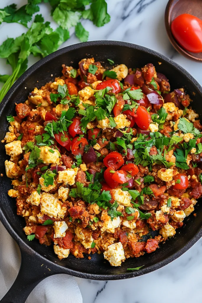 Savory breakfast skillet featuring scrambled eggs, browned sausage, and red onions