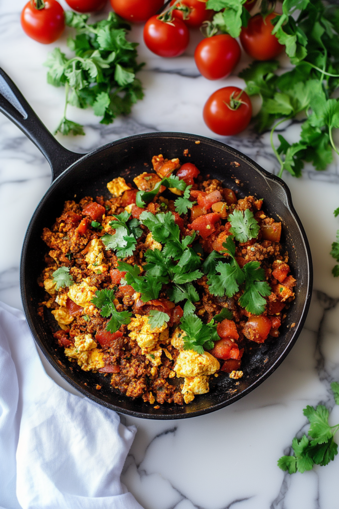 Colorful one-pan breakfast with eggs, sausage, tomatoes, and fresh herbs