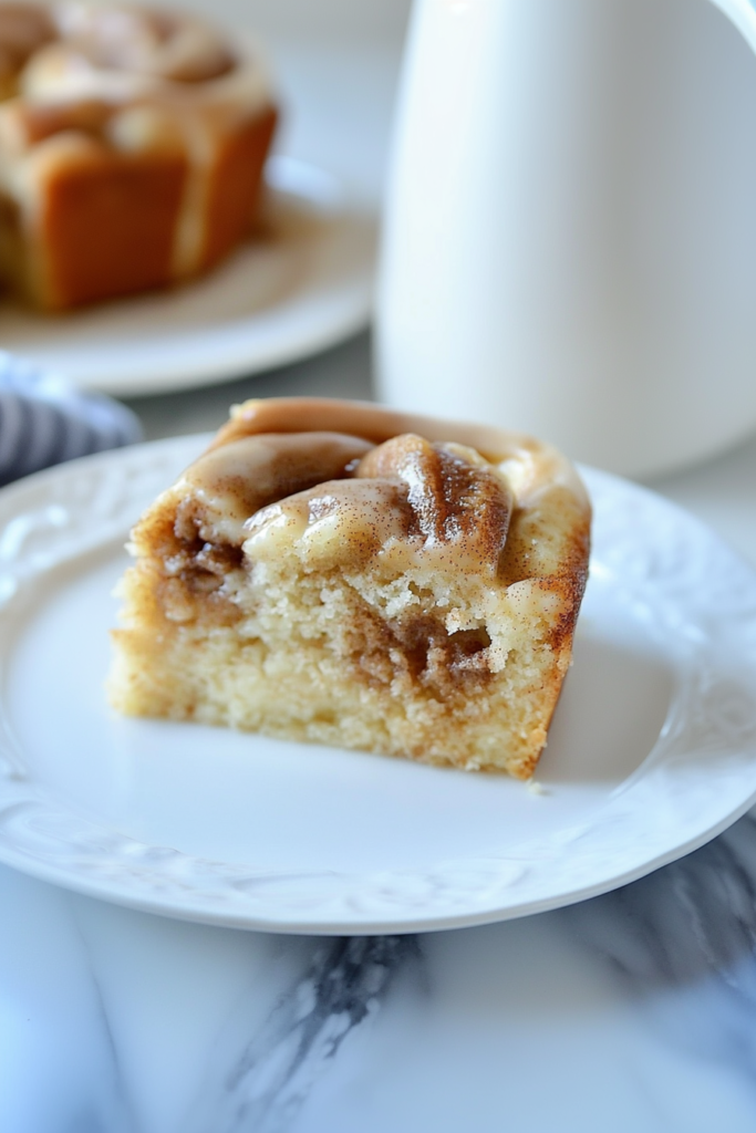 Slice of soft cinnamon-swirled cake topped with creamy glaze.