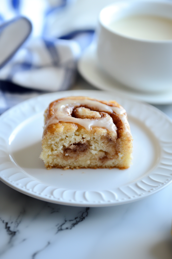 Moist, swirled cake square with melted icing and cinnamon pockets.