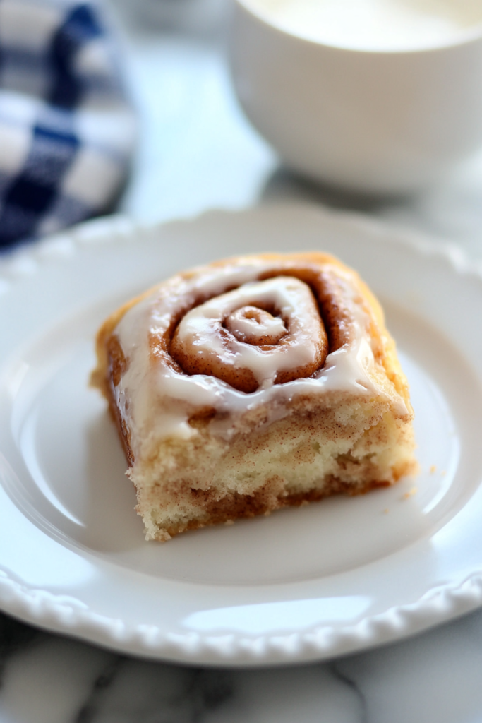 Single frosted cake slice showing buttery layers and cinnamon spirals.