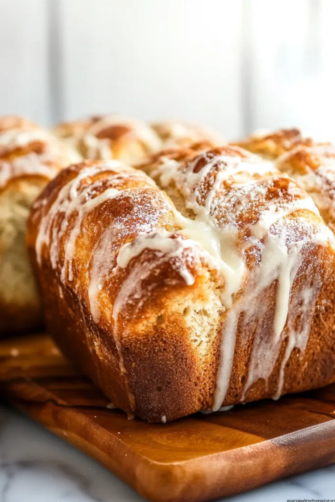 Baked sweet bread cooling on a wooden board with icing dripping down the sides.