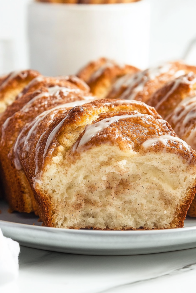 Freshly baked loaf with a golden crust and icing drizzled over the top.