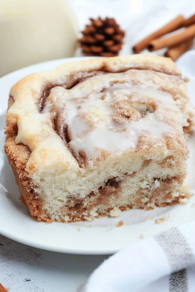 Close-up of a fluffy cinnamon-streaked cake square with icing
