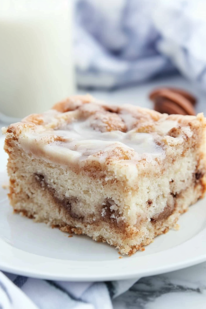 Coffee cake portion showing tender crumb and visible cinnamon ribbons
