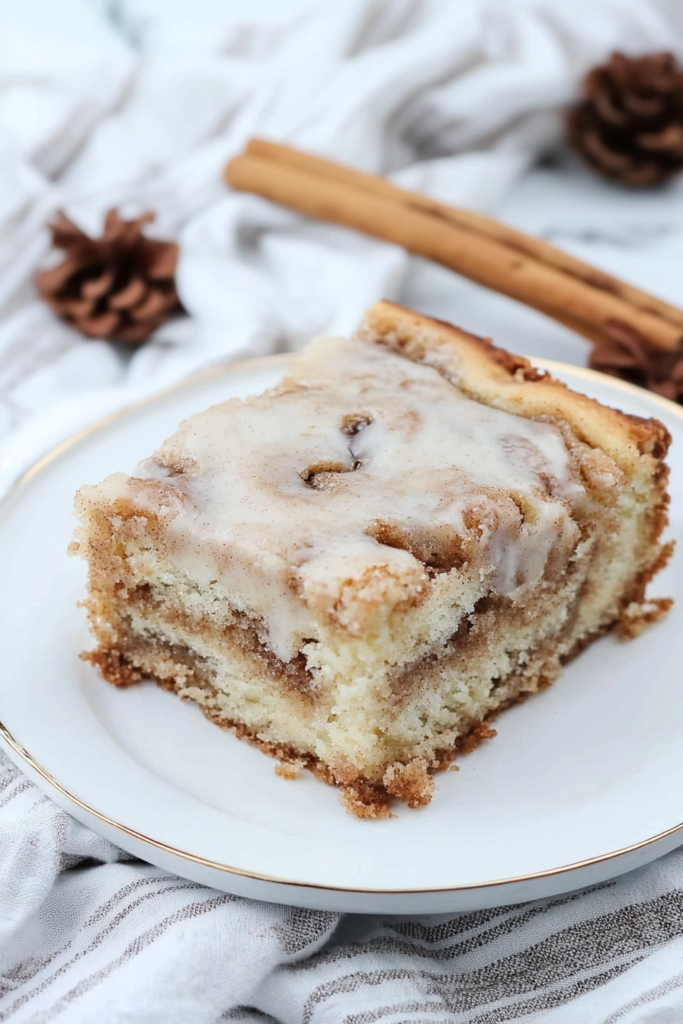Plated breakfast cake with swirled cinnamon layers and shiny glaze