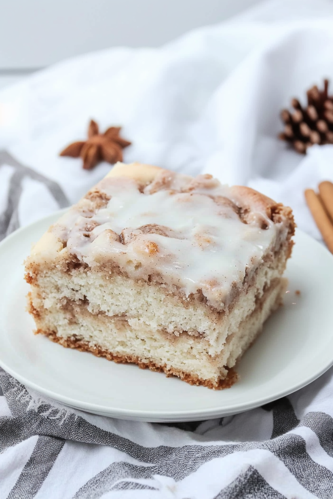Soft, cinnamon-layered cake cut into squares and served for brunch