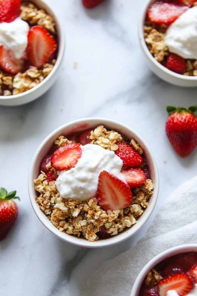 Bowl of baked strawberry and rhubarb dessert with oat crumble topping and whipped cream