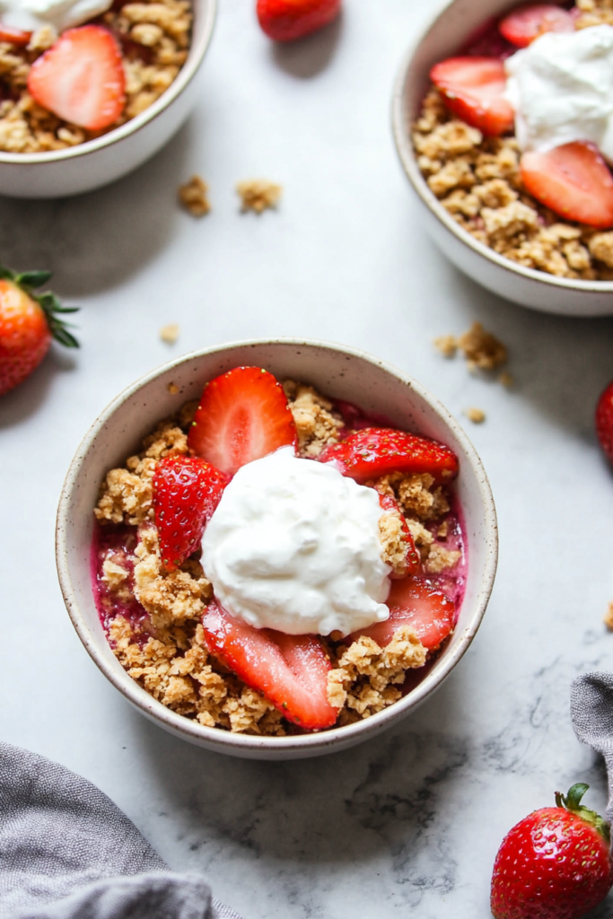 Finished strawberry rhubarb crisp served warm with a dollop of cream