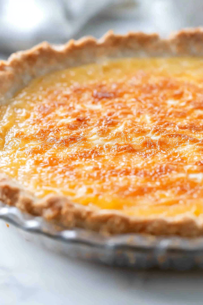 Whole pie on a wooden board, garnished with a sprinkle of toasted coconut flakes.