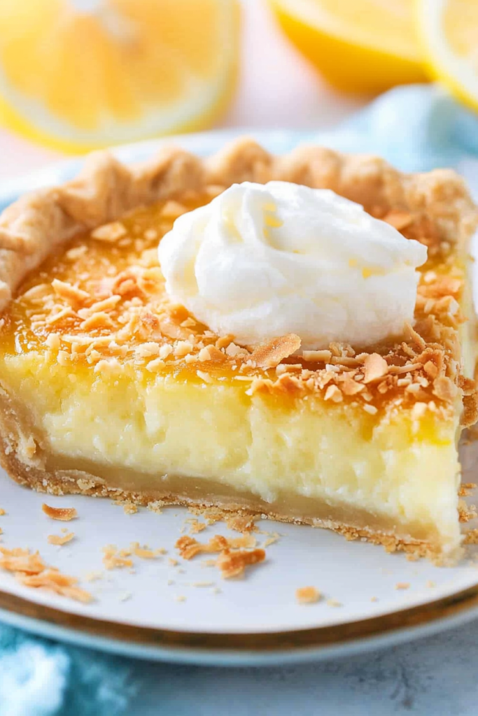 A golden-brown pie with a fluted crust, its creamy custard filling visible beneath a toasted topping.